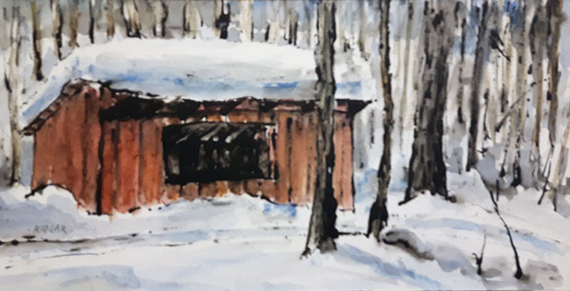 "Bruce Trail Shelter" 6x12 ink & watercolour mounted on birch panel ($216) NOW 172$