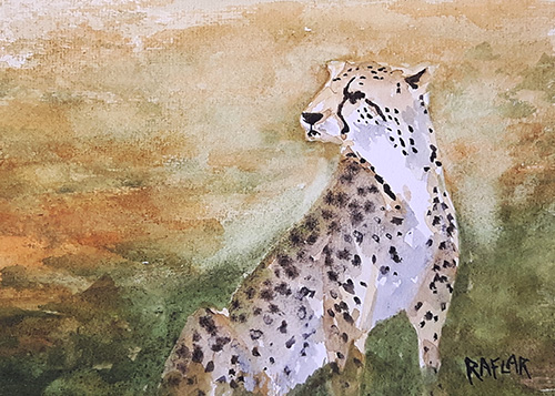 "Cheetah" 5x7 watercolour mounted on birch panel ($144) NOW 115$