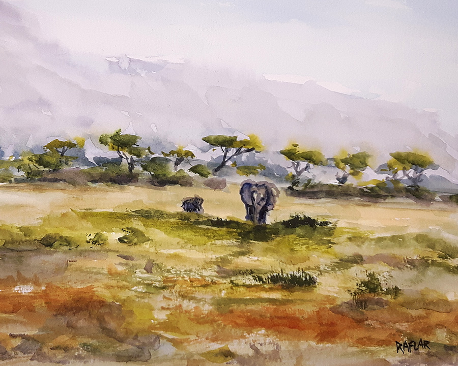 "Amboseli Elephants" 8x10 watercolour mounted on birch panel ($216) NOW 172$