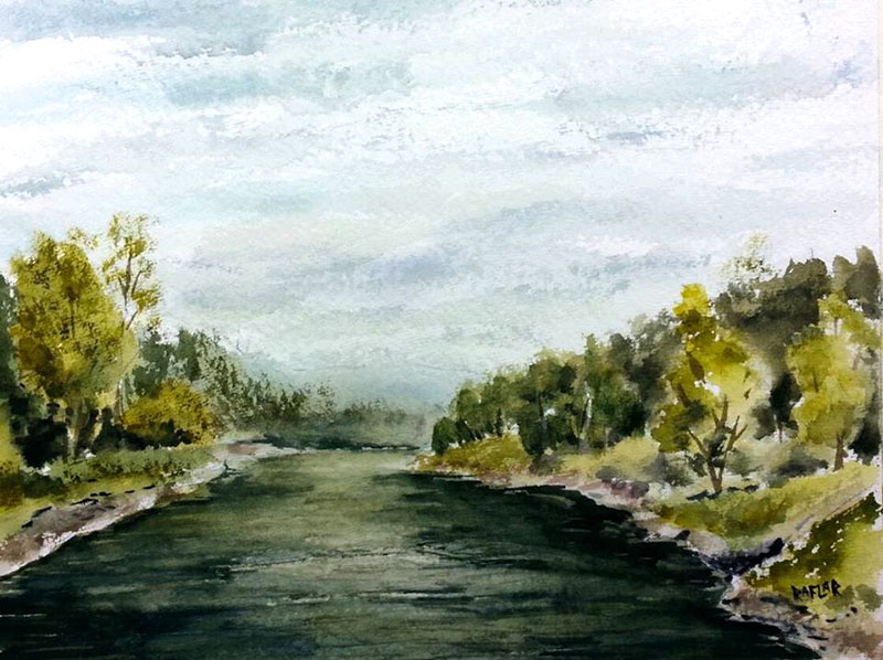 "Grand River in Elora" 8x10 watercolour, unframed but with matte ($180) NOW 144$