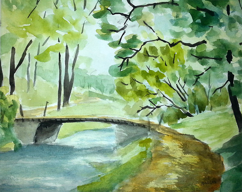 "Bridge over quiet stream" 8x10 watercolour, unframed but with matte ($180) NOW 144$