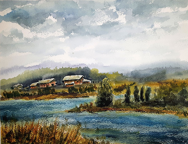 Ralf Wall (Raflar) "Farm by the river" 8x10 watercolour, unframed but with matte ($180) NOW 144$